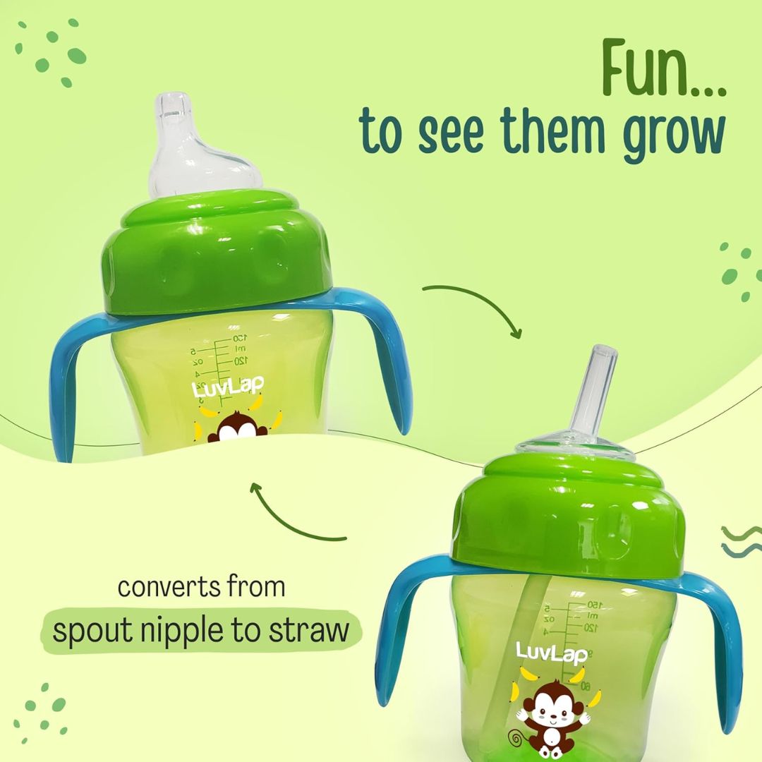 LuvLap Banana Time  Anti Spill, Interchangeable Sipper / Sippy Cup with Soft Silicone Spout and Straw BPA Free, 6m+ (Green)