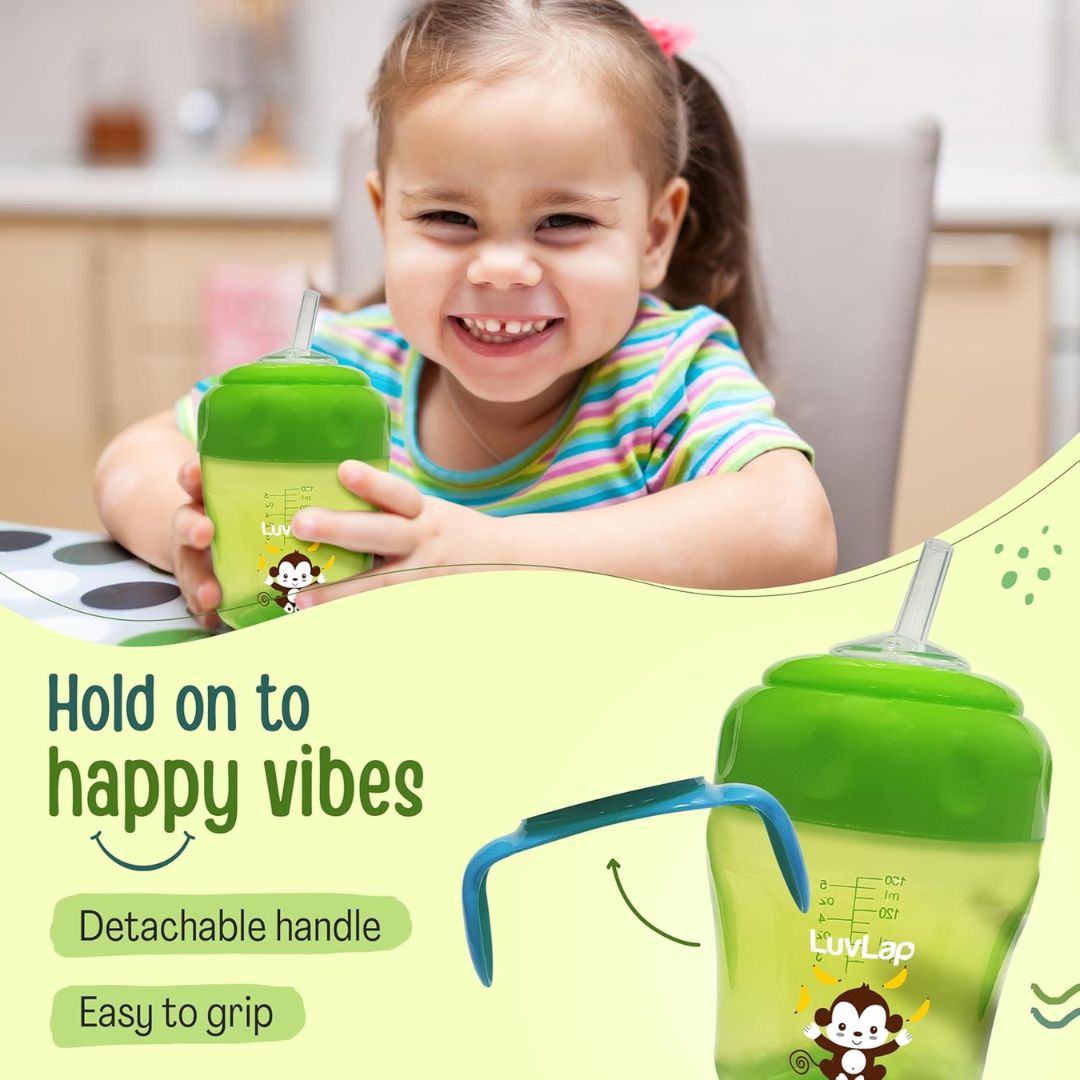 LuvLap Banana Time  Anti Spill, Interchangeable Sipper / Sippy Cup with Soft Silicone Spout and Straw BPA Free, 6m+ (Green)