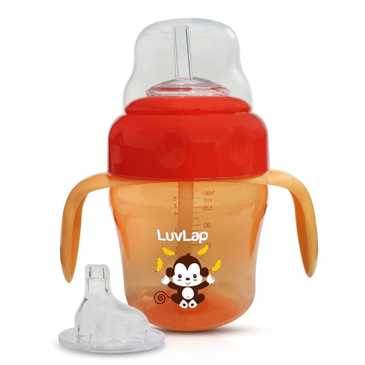 LuvLap Banana Time 210ml Anti Spill, Interchangeable Sipper / Sippy Cup with Soft Silicone Spout and Straw BPA Free, 6m+ (Orange)