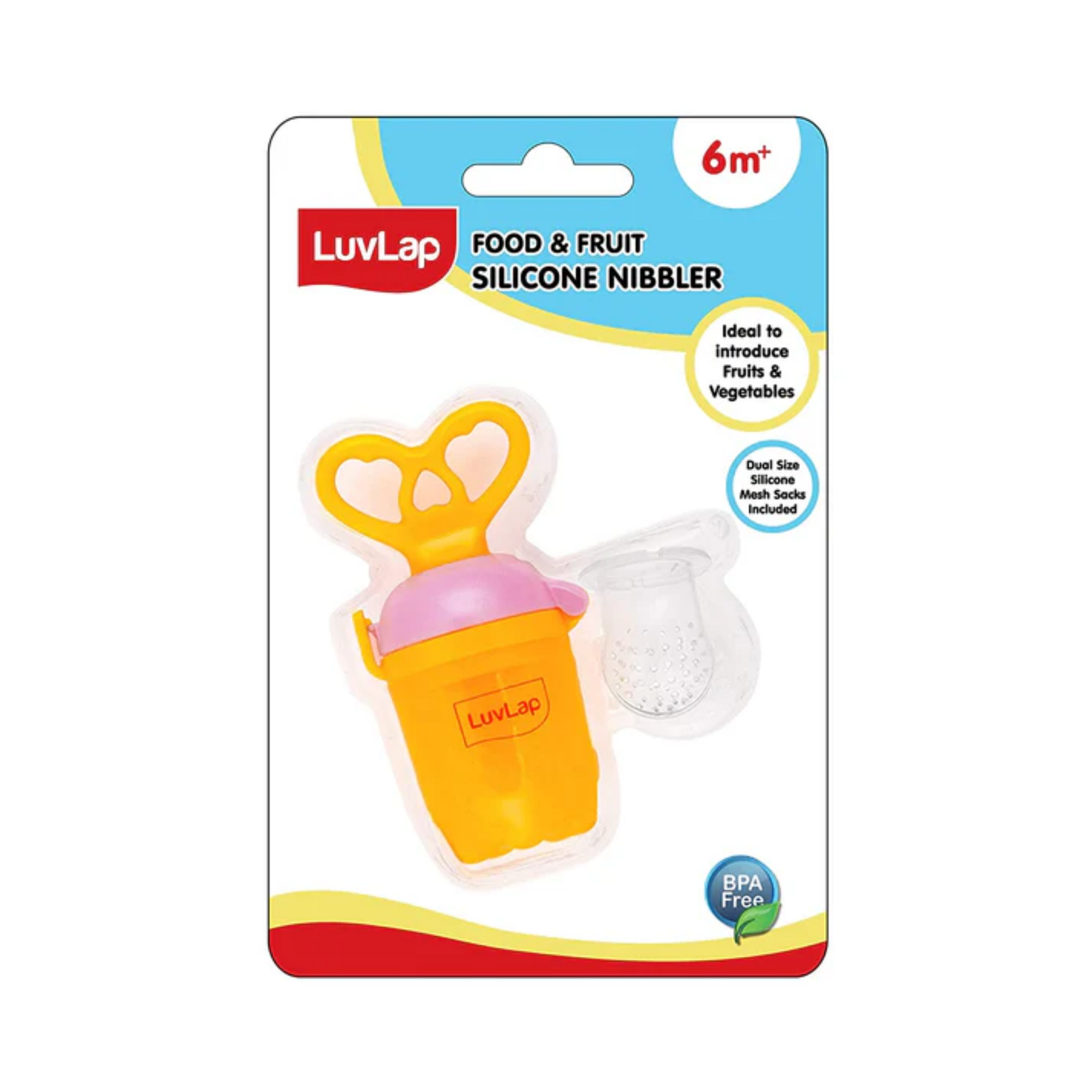 LuvLap Silicone Food/Fruit Nibbler with Extra Mesh, Heartfills Yellow & Pink, BPA Free