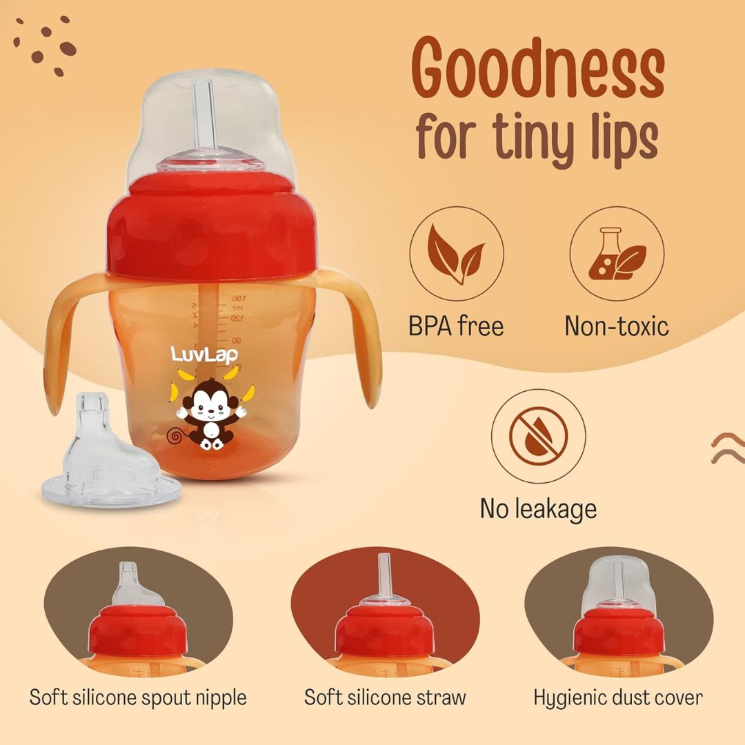LuvLap Banana Time 210ml Anti Spill, Interchangeable Sipper / Sippy Cup with Soft Silicone Spout and Straw BPA Free, 6m+ (Orange)