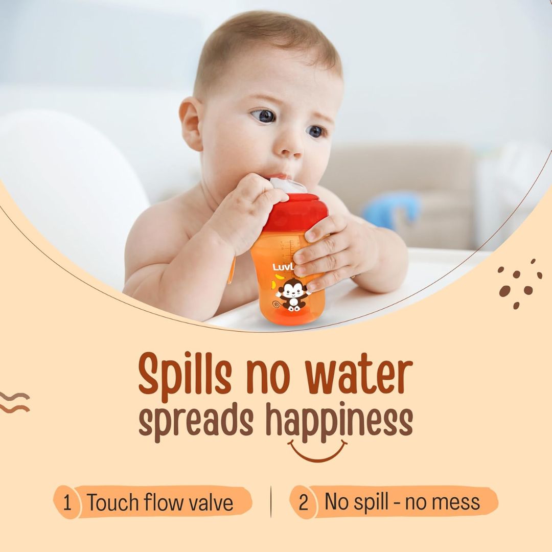 LuvLap Banana Time 210ml Anti Spill, Interchangeable Sipper / Sippy Cup with Soft Silicone Spout and Straw BPA Free, 6m+ (Orange)