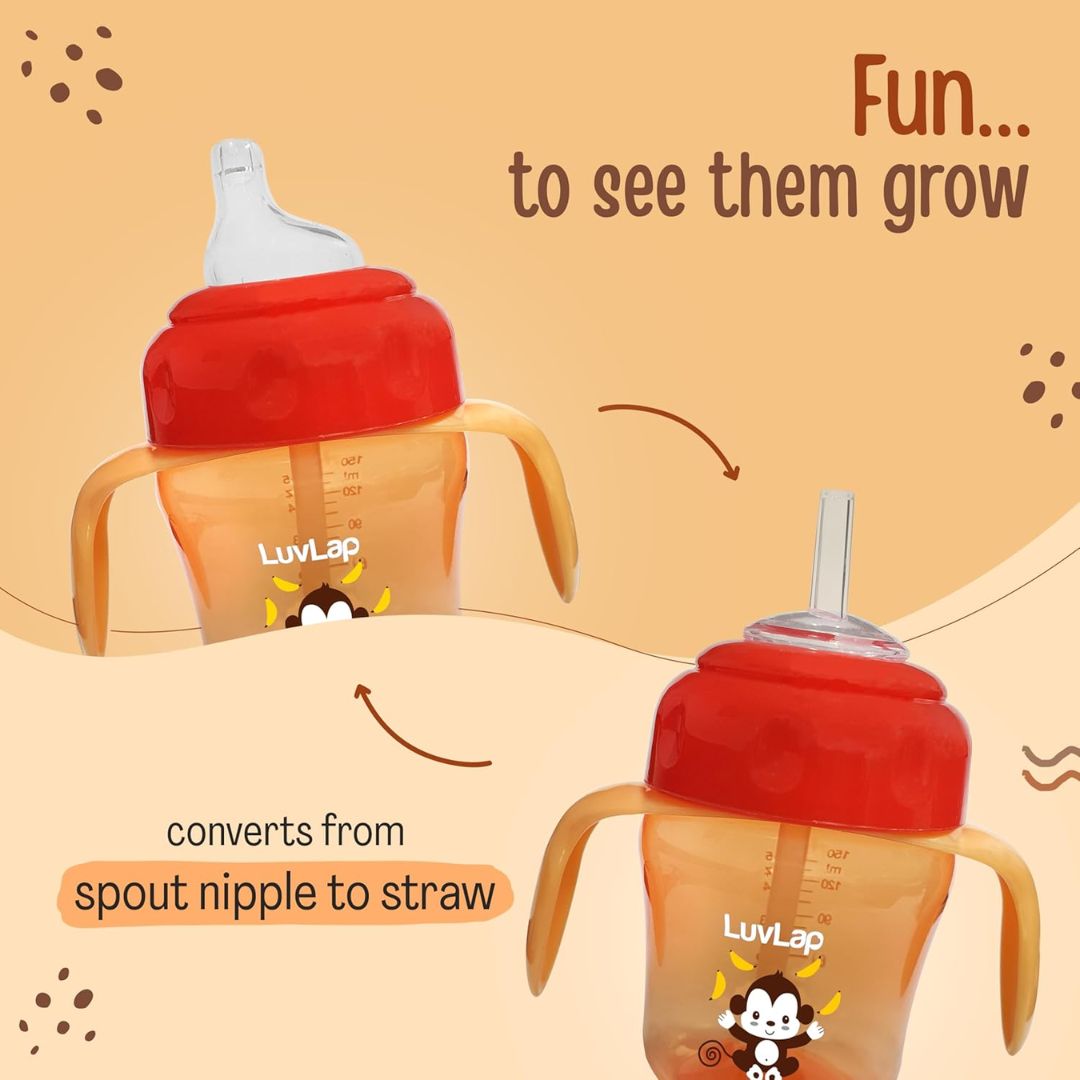 LuvLap Banana Time 210ml Anti Spill, Interchangeable Sipper / Sippy Cup with Soft Silicone Spout and Straw BPA Free, 6m+ (Orange)