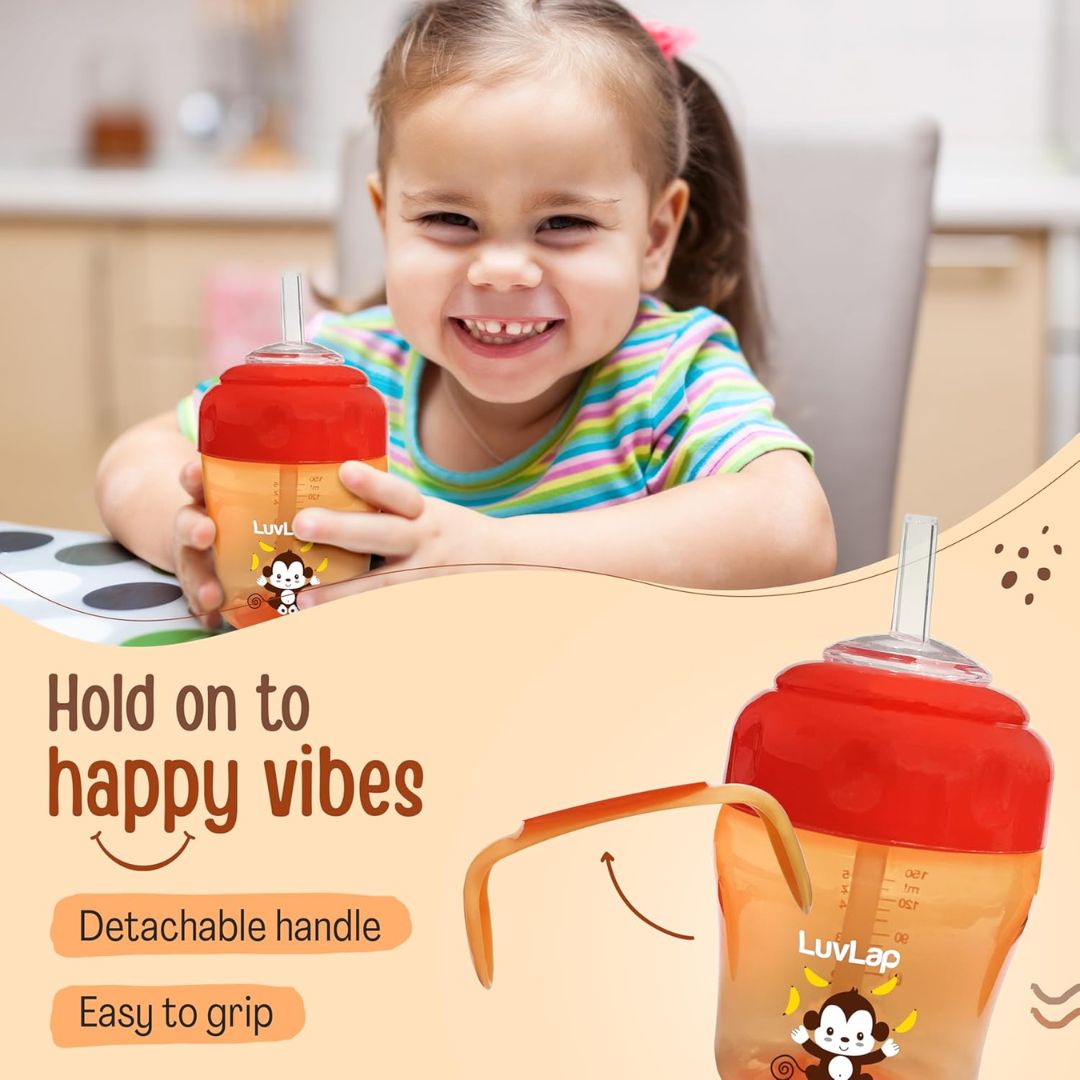 LuvLap Banana Time 210ml Anti Spill, Interchangeable Sipper / Sippy Cup with Soft Silicone Spout and Straw BPA Free, 6m+ (Orange)