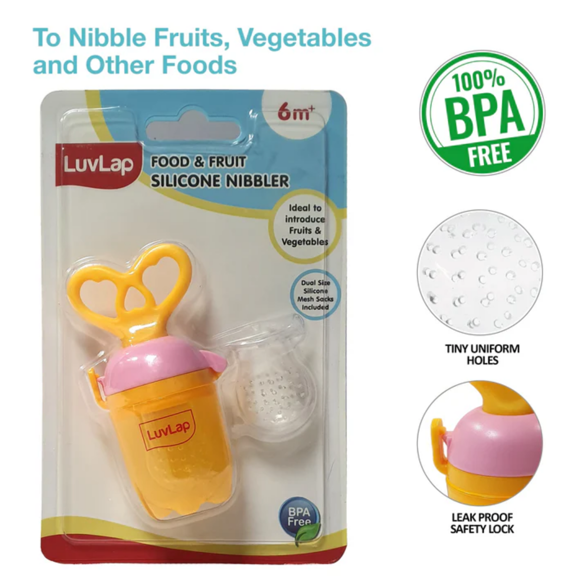 LuvLap Silicone Food/Fruit Nibbler with Extra Mesh, Heartfills Yellow & Pink, BPA Free