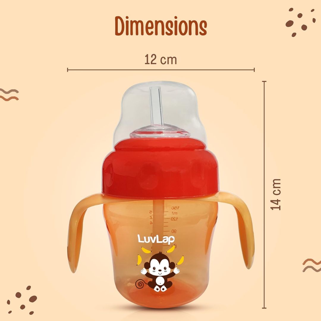 LuvLap Banana Time 210ml Anti Spill, Interchangeable Sipper / Sippy Cup with Soft Silicone Spout and Straw BPA Free, 6m+ (Orange)