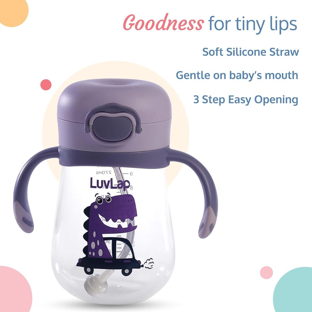 LuvLap Baby Bite Resistant Soft Silicone Straw Sipper Cup with Handle, with Weighted Straw, Sippy Cup with Anti Spill Lock, BPA Free, 6m+, 300 ml, Purple