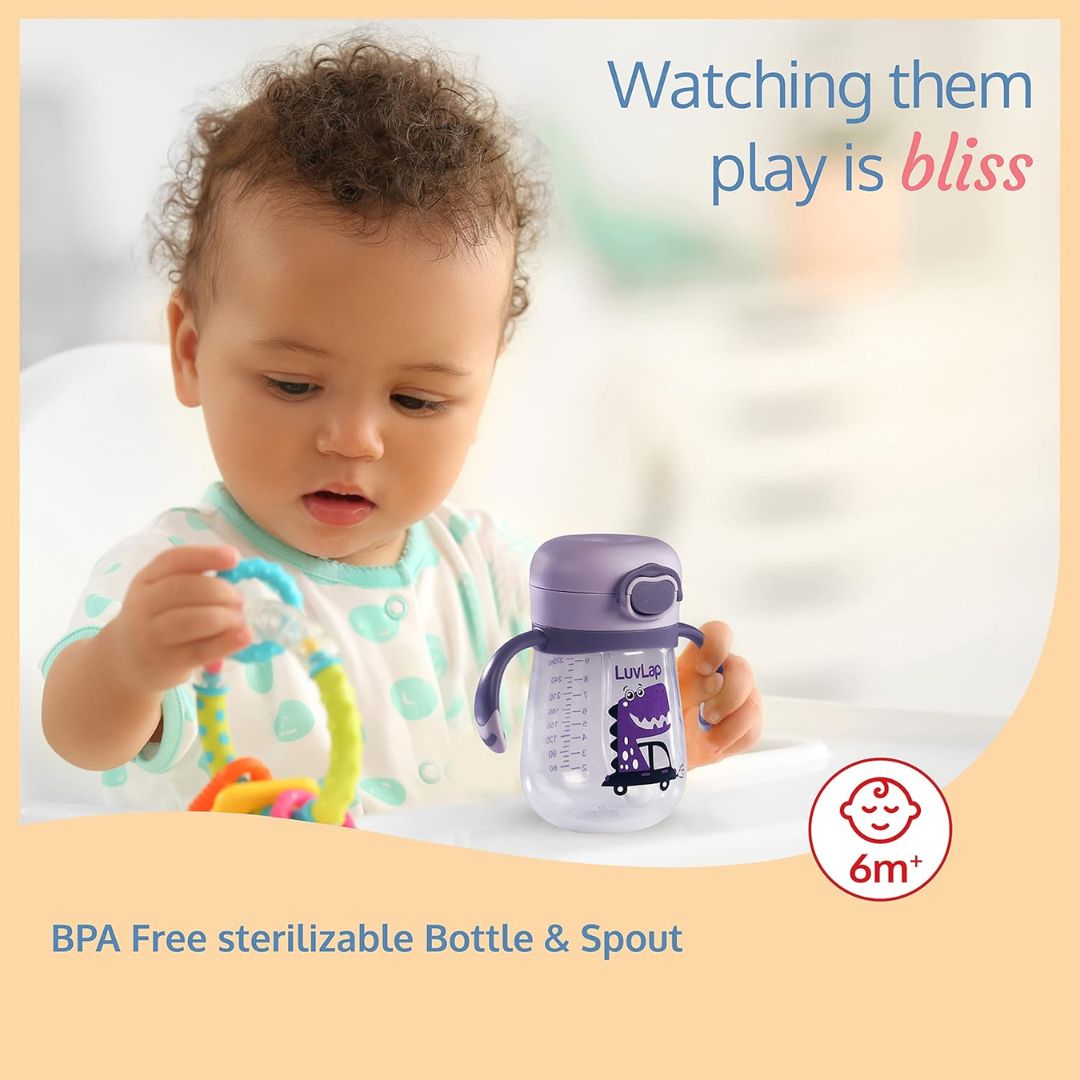 LuvLap Baby Bite Resistant Soft Silicone Straw Sipper Cup with Handle, with Weighted Straw, Sippy Cup with Anti Spill Lock, BPA Free, 6m+, 300 ml, Purple
