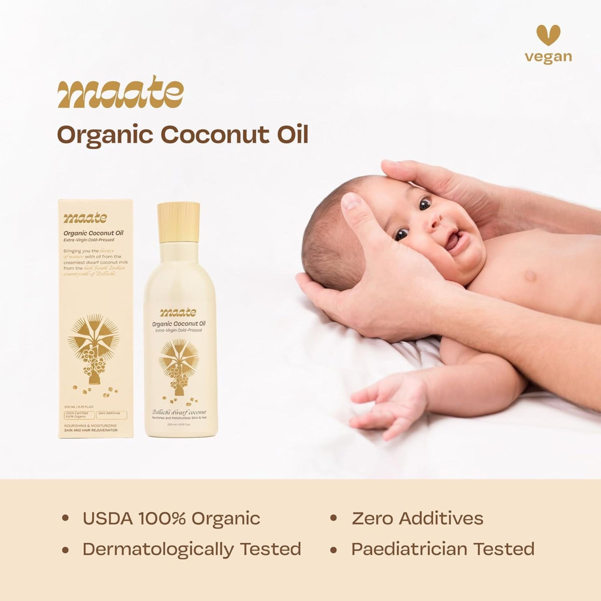 Maate Baby Organic Coconut Oil (200 ml)  | for Baby Body Massage & Hair Care | Baby Hair Oil 0-12 Years | Nourishes & Moisturise
