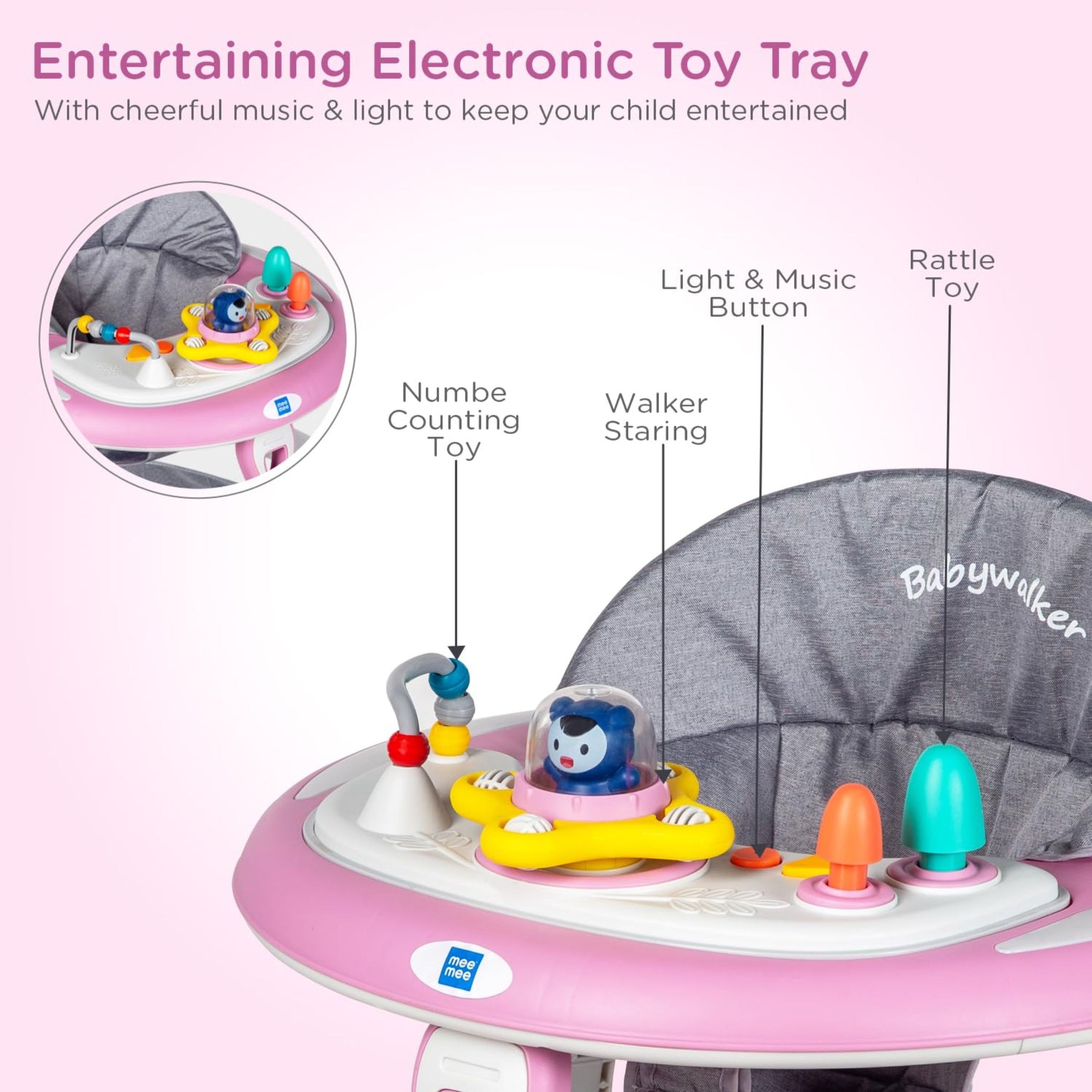 Mee Mee Baby Activity Walker for 6-18 Months | 7 Level Adjustable Height, 360° Wheels, Cushioned with Detachable Musical Toy Bar | Parental Push Handle, Anti-Rollover Folding Walker Upto 15kg (Pink)