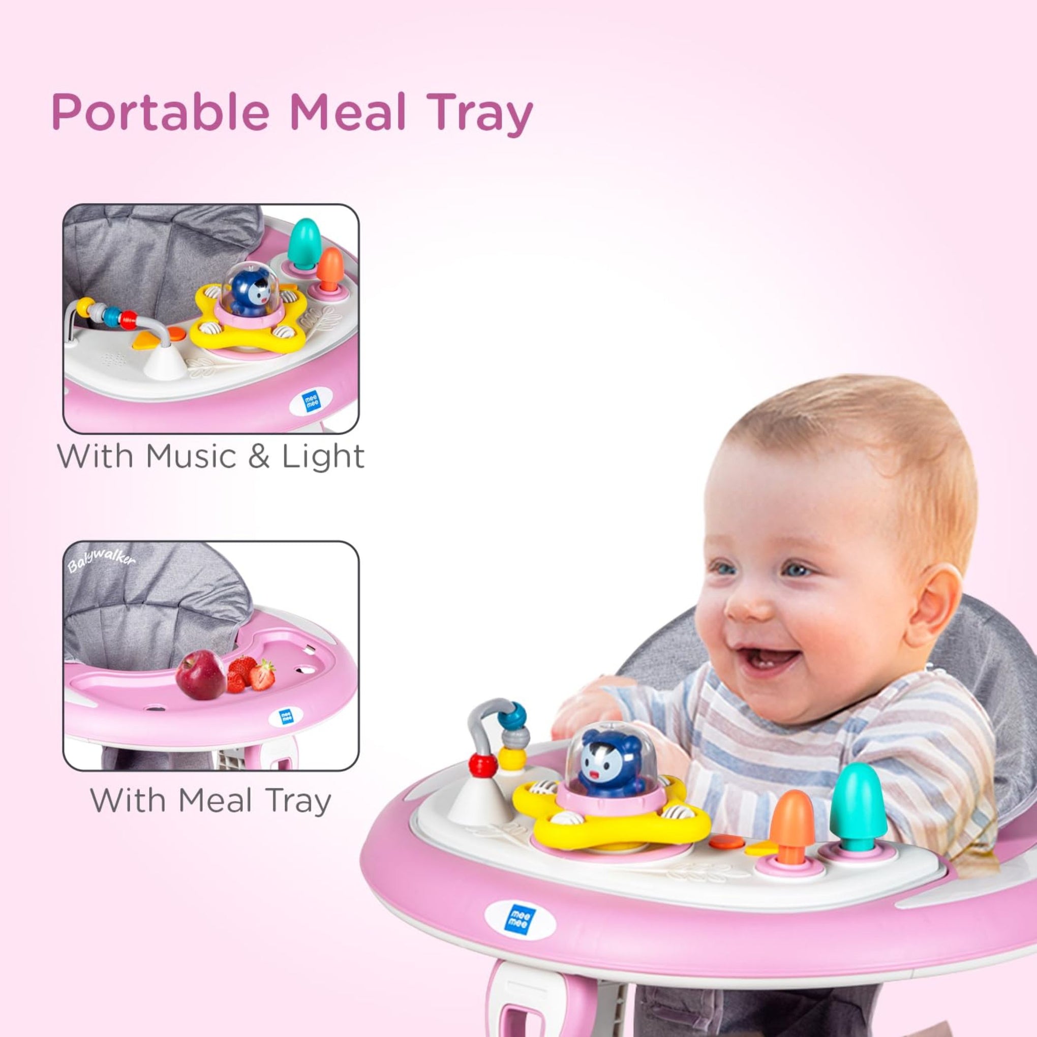 Mee Mee Baby Activity Walker for 6-18 Months | 7 Level Adjustable Height, 360° Wheels, Cushioned with Detachable Musical Toy Bar | Parental Push Handle, Anti-Rollover Folding Walker Upto 15kg (Pink)