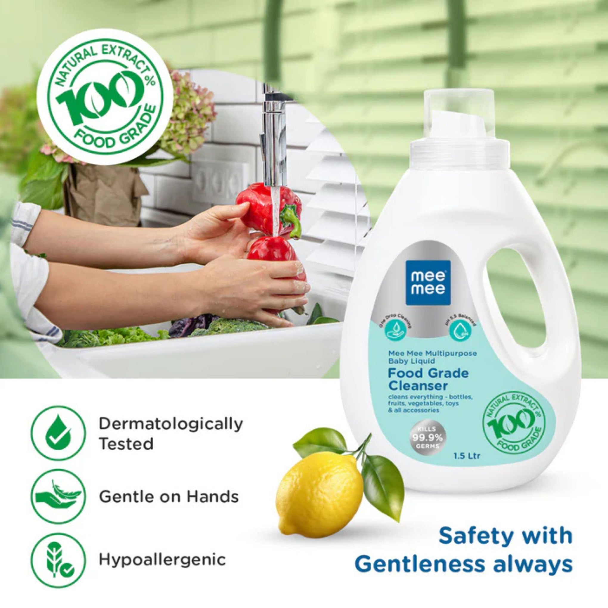 Mee Mee Multipurpose Baby Liquid Food Grade Cleanser - Available 500ML Refill , 500ml , 1.5L, Natural Extracts Gentle Formula ( PACK OF 1 )