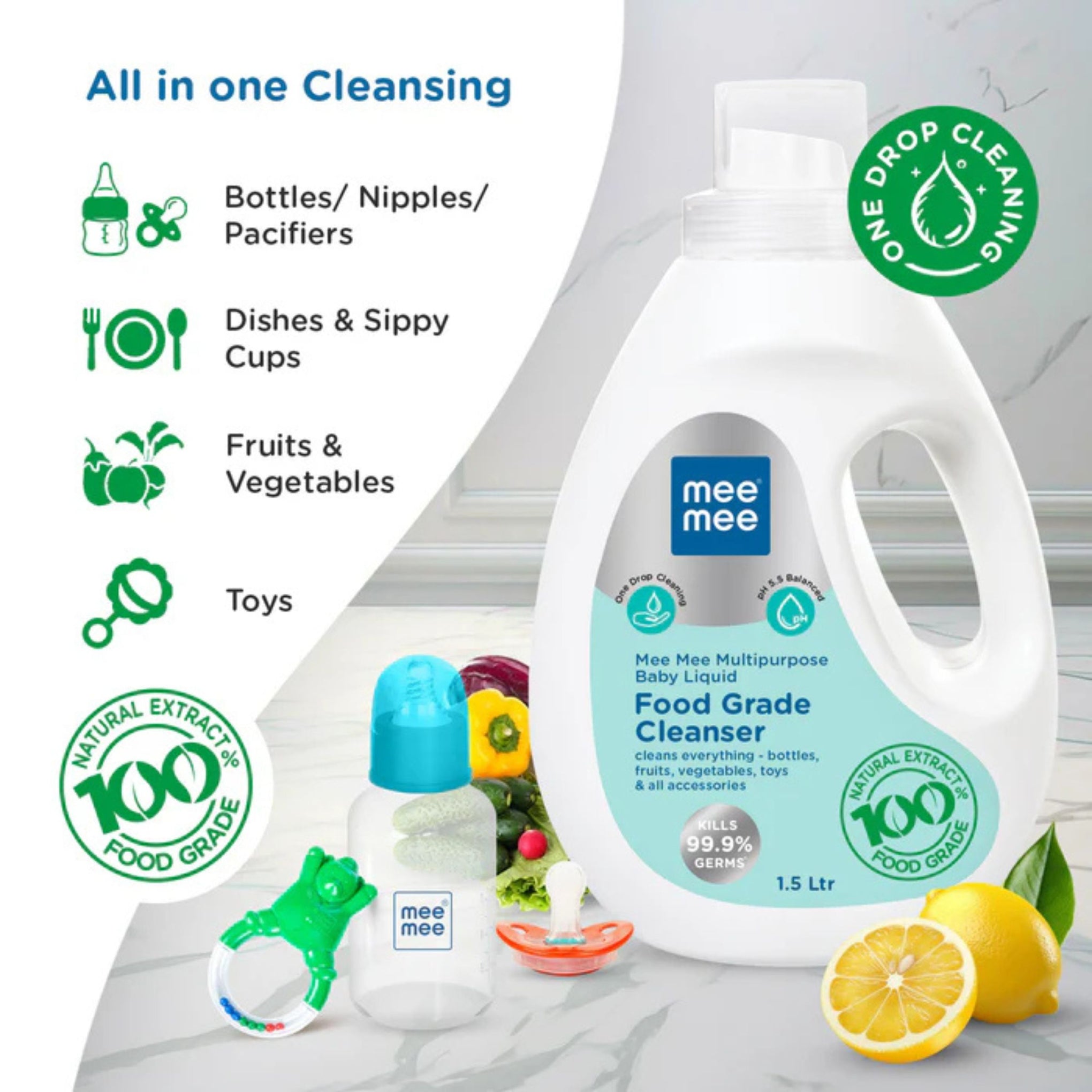 Mee Mee Multipurpose Baby Liquid Food Grade Cleanser - Available 500ML Refill , 500ml , 1.5L, Natural Extracts Gentle Formula ( PACK OF 1 )