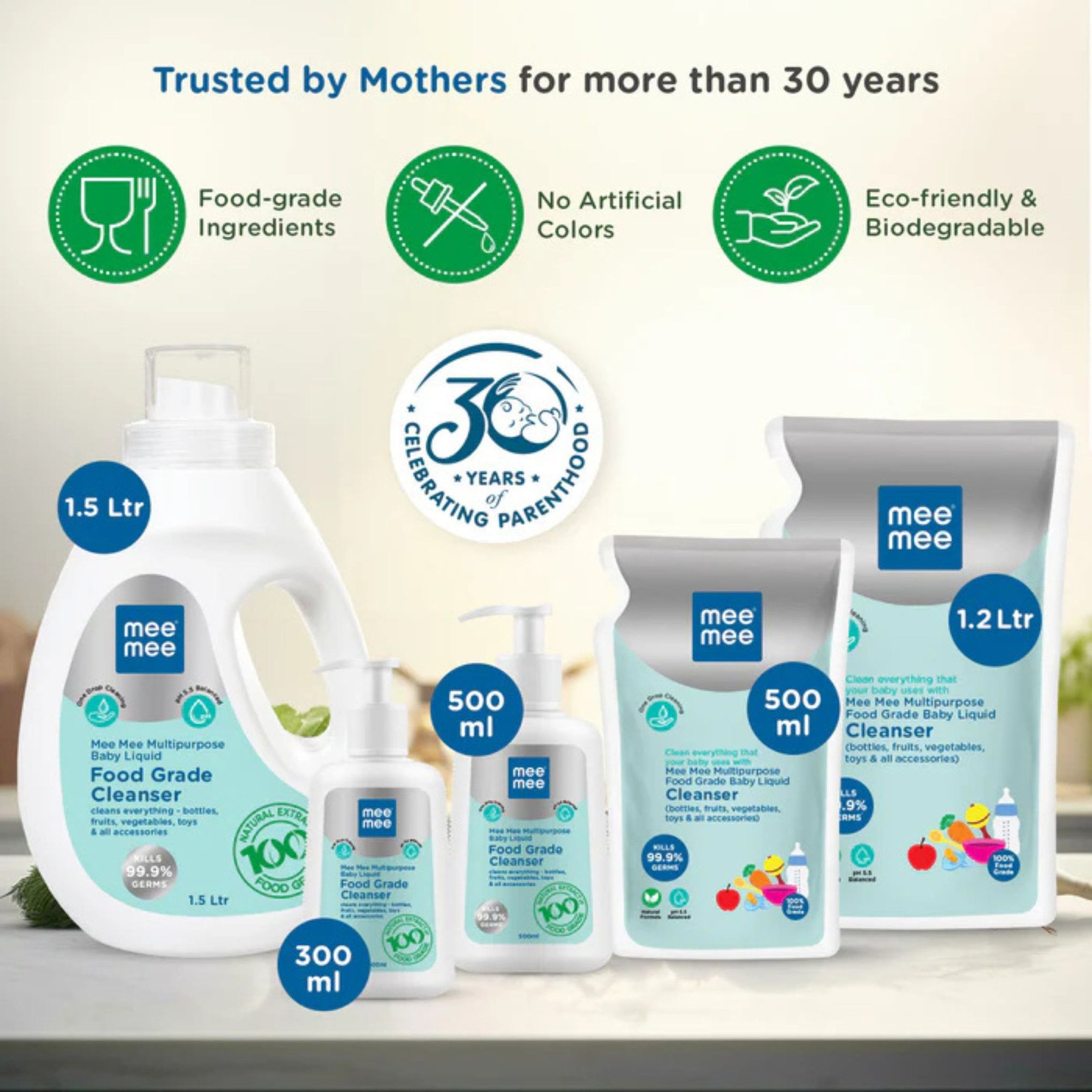Mee Mee Multipurpose Baby Liquid Food Grade Cleanser - Available 500ML Refill , 500ml , 1.5L, Natural Extracts Gentle Formula ( PACK OF 1 )