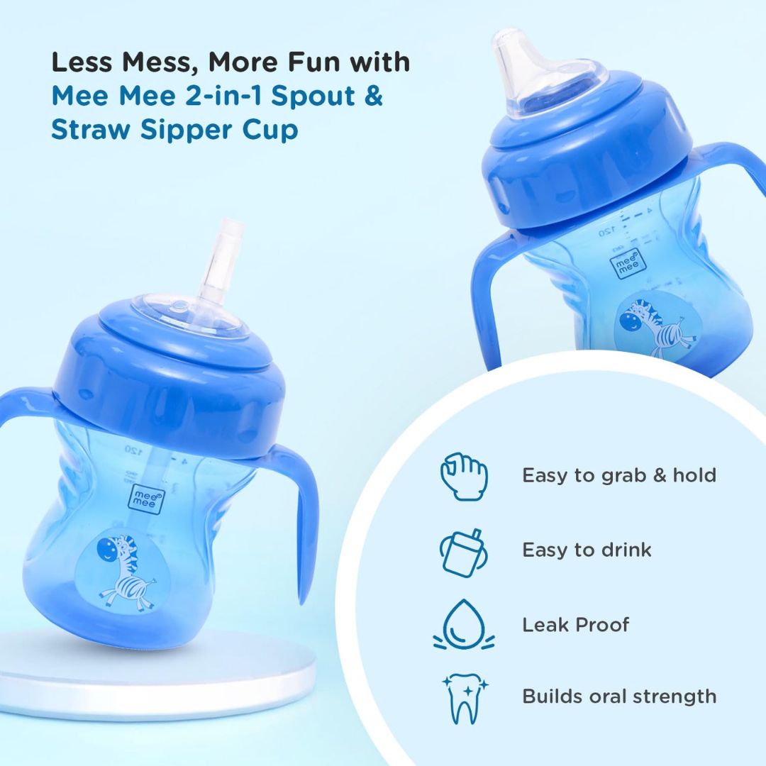 Mee Mee 2 in 1 Spout and Straw Sipper Cup for Meal | BPA-Free, Anti Spill and Unbreakable | Easy to Hold Detachable Handle | Anti Leak Lock Bottle with Cap for Kids (Blue)