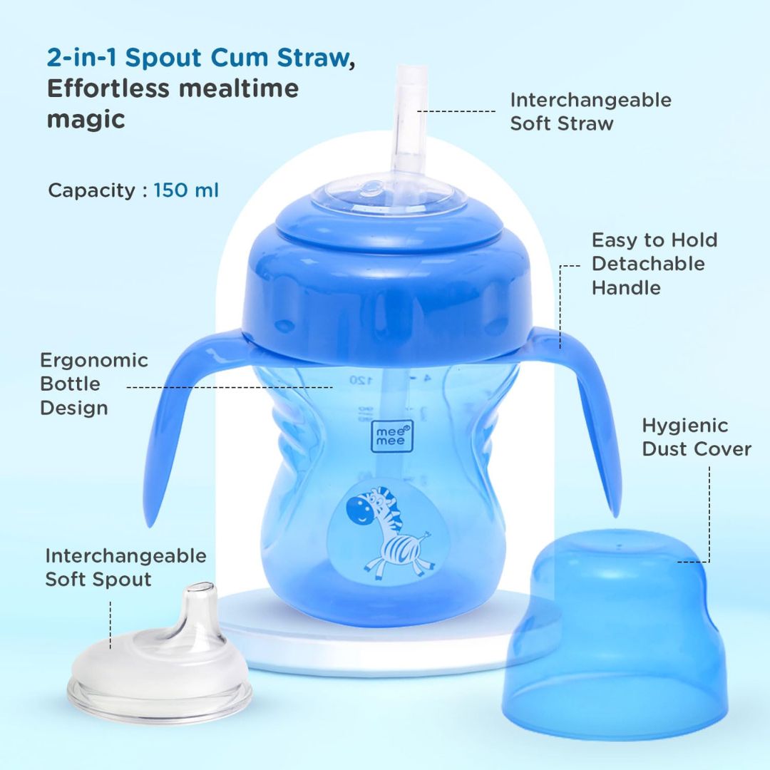 Mee Mee 2 in 1 Spout and Straw Sipper Cup for Meal | BPA-Free, Anti Spill and Unbreakable | Easy to Hold Detachable Handle | Anti Leak Lock Bottle with Cap for Kids (Blue)
