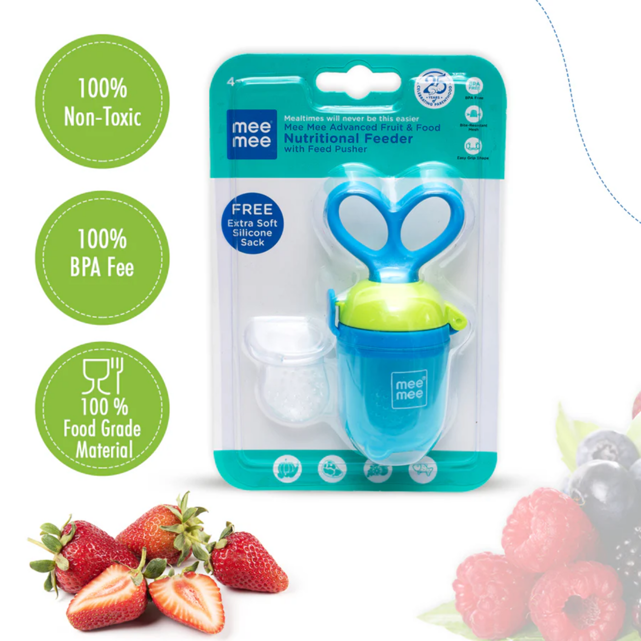 Mee Mee Advanced Fruit & Food Feeder with Feed Pusher (Free Extra Soft Silicone Sack(Blue)