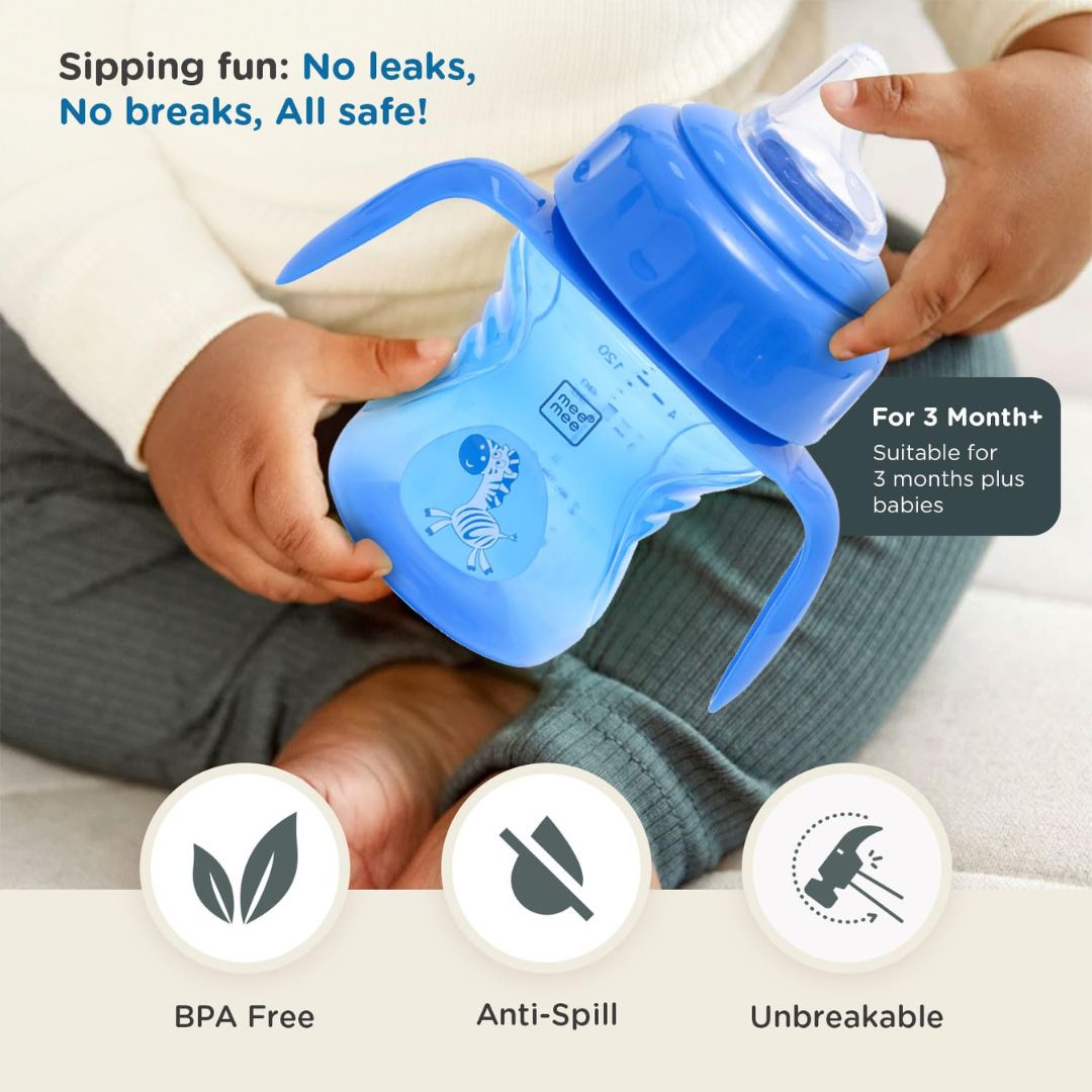 Mee Mee 2 in 1 Spout and Straw Sipper Cup for Meal | BPA-Free, Anti Spill and Unbreakable | Easy to Hold Detachable Handle | Anti Leak Lock Bottle with Cap for Kids (Blue)