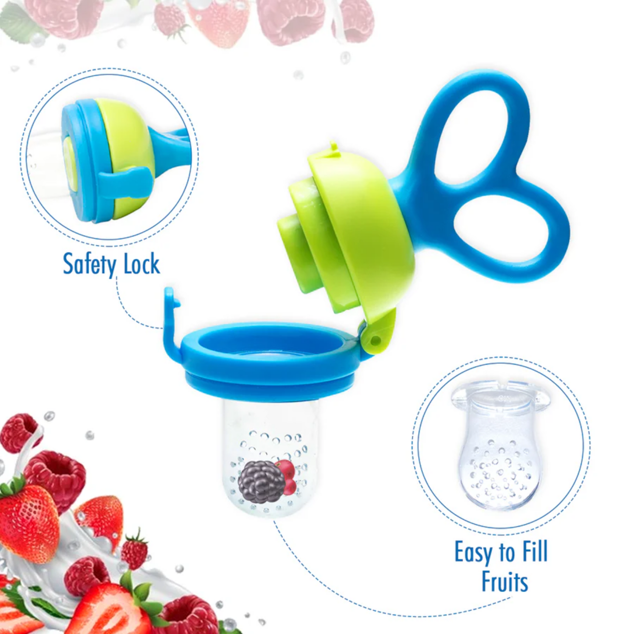 Mee Mee Advanced Fruit & Food Feeder with Feed Pusher (Free Extra Soft Silicone Sack(Blue)