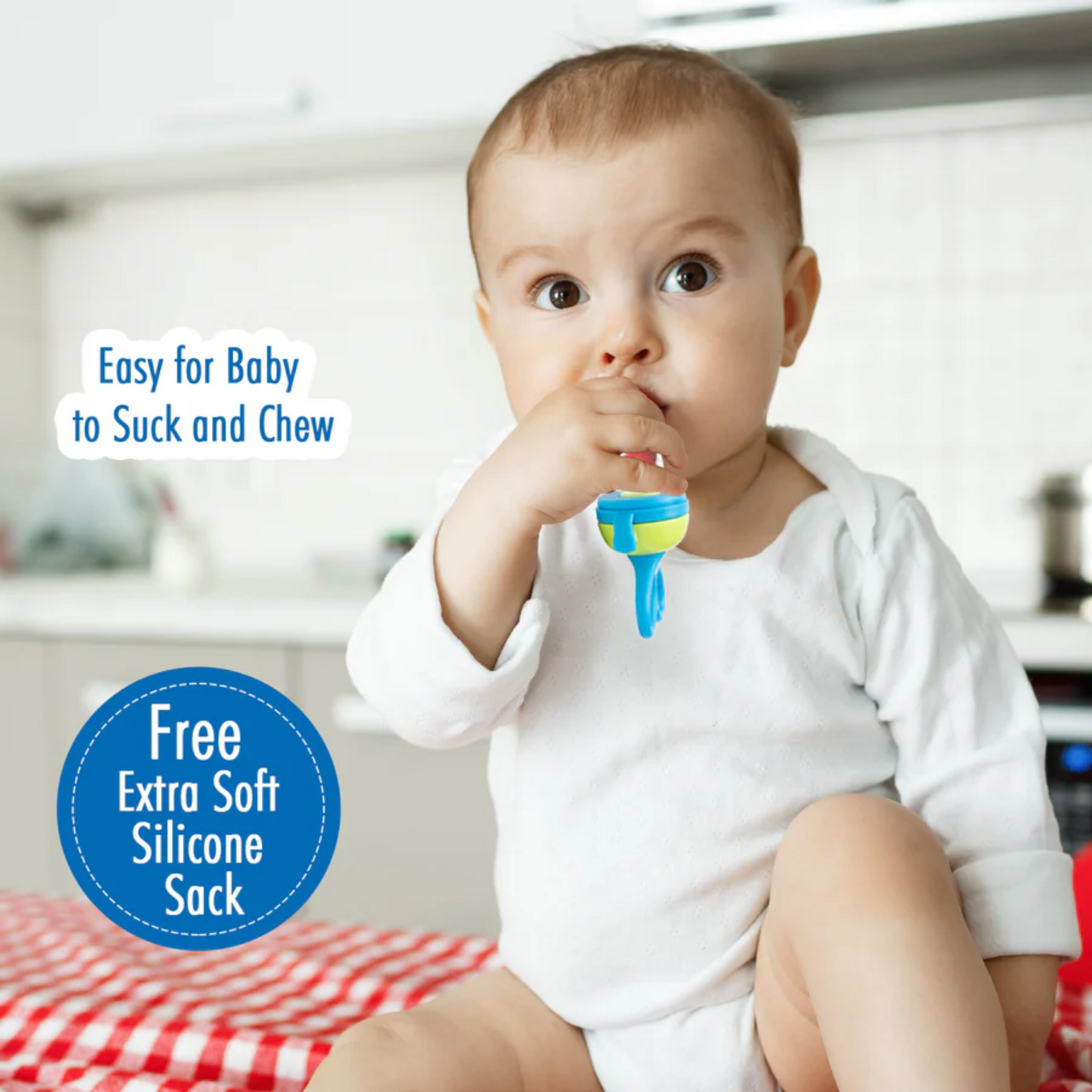 Mee Mee Advanced Fruit & Food Feeder with Feed Pusher (Free Extra Soft Silicone Sack(Blue)