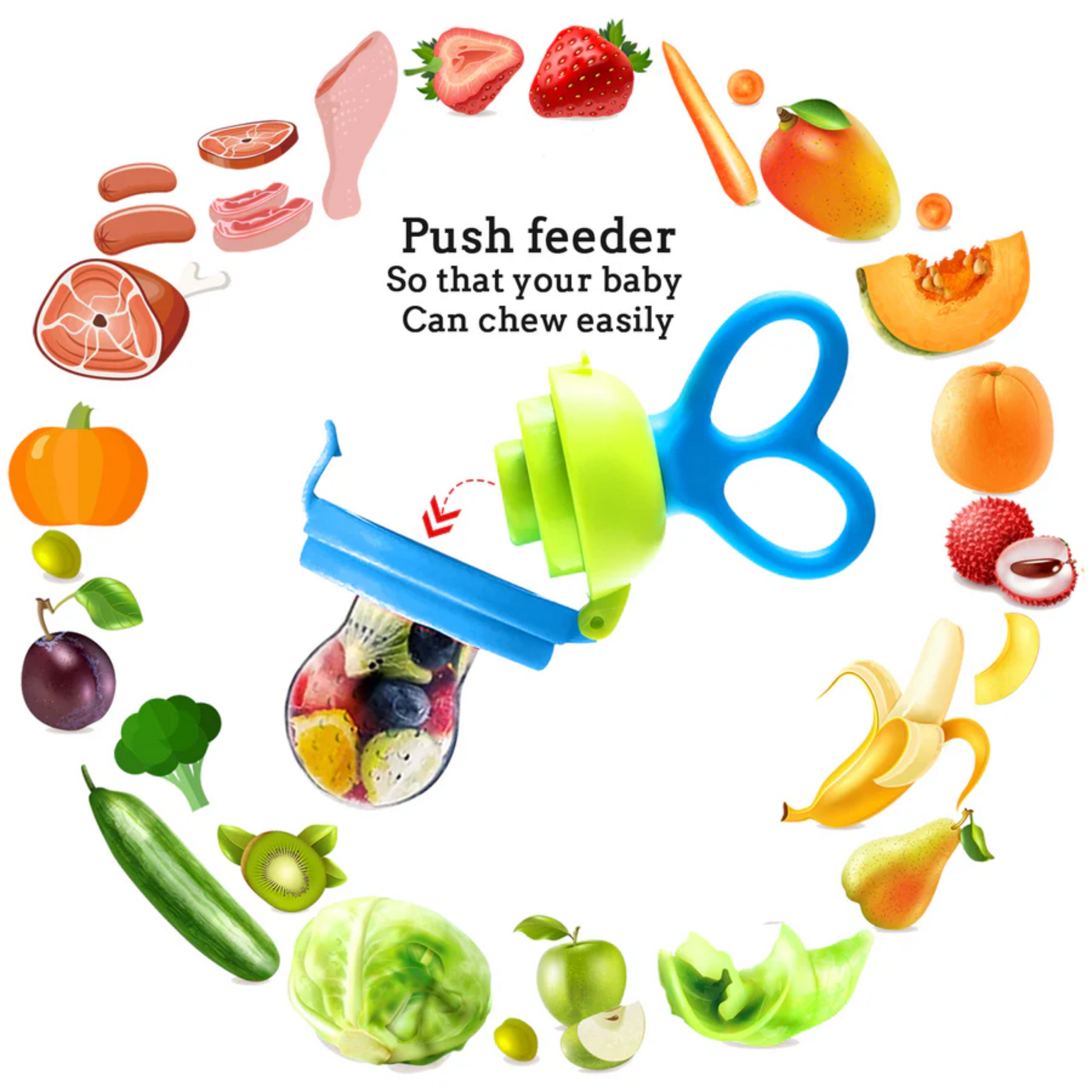 Mee Mee Advanced Fruit & Food Feeder with Feed Pusher (Free Extra Soft Silicone Sack(Blue)