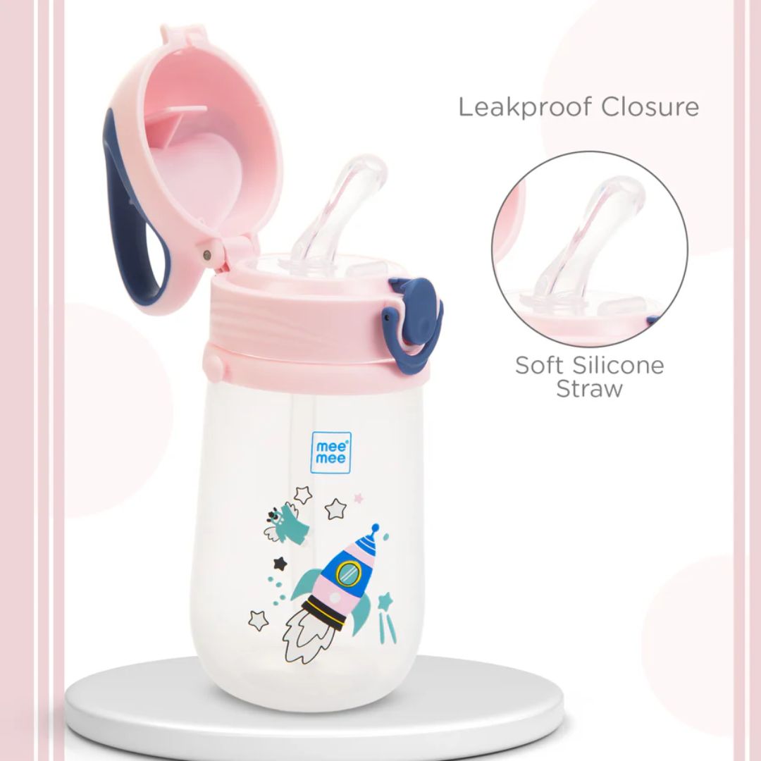 Mee Mee Easy-Open Leakproof Sipper Bottle: Soft Silicone Straw, Detachable Strap, Sterilizable, Lightweight, BPA-Free (Pink)