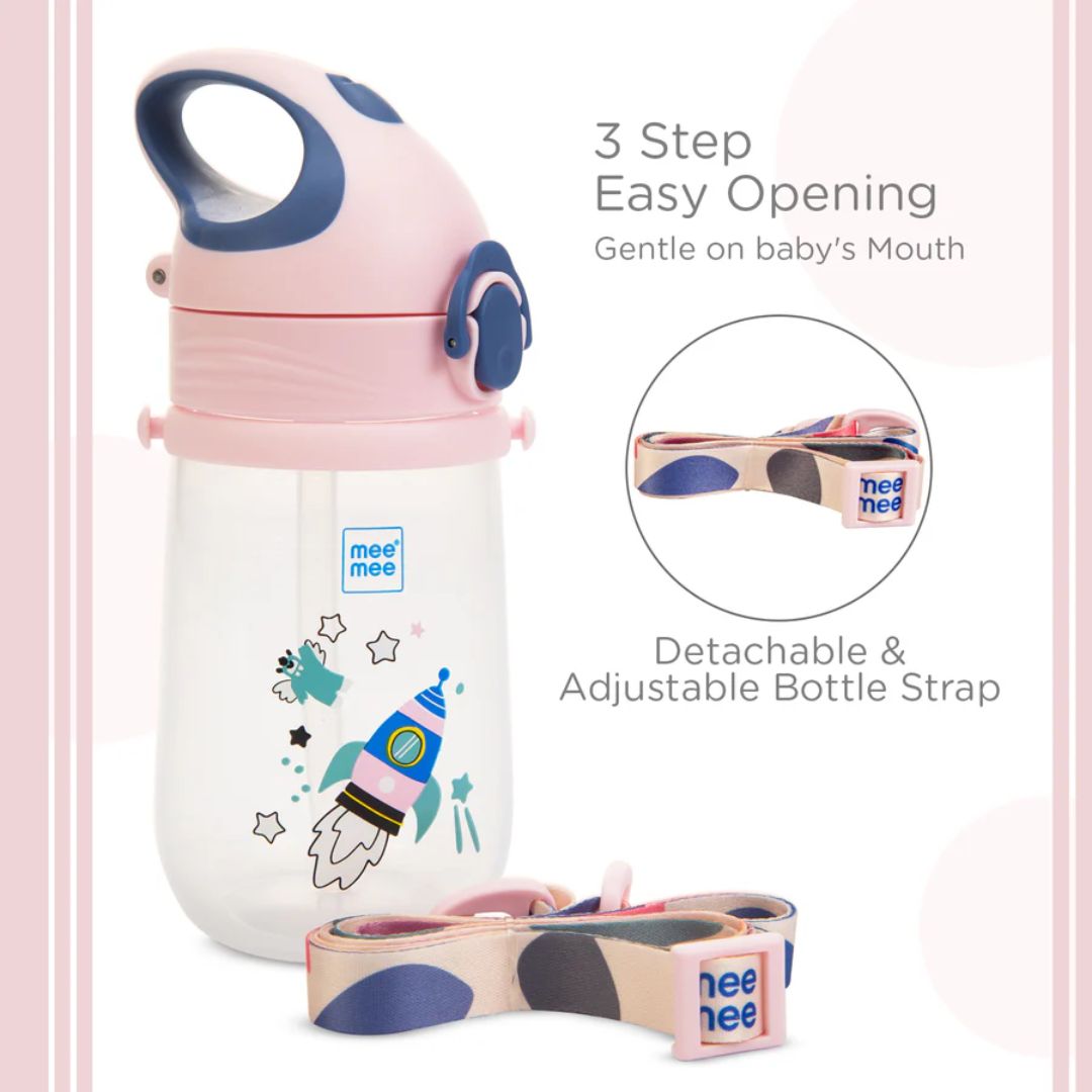 Mee Mee Easy-Open Leakproof Sipper Bottle: Soft Silicone Straw, Detachable Strap, Sterilizable, Lightweight, BPA-Free (Pink)