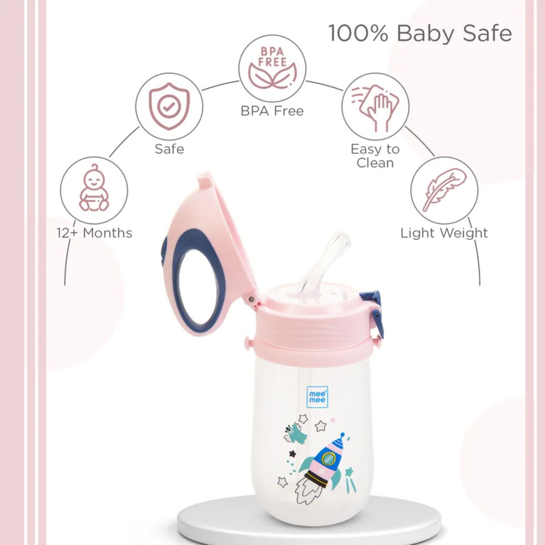 Mee Mee Easy-Open Leakproof Sipper Bottle: Soft Silicone Straw, Detachable Strap, Sterilizable, Lightweight, BPA-Free (Pink)