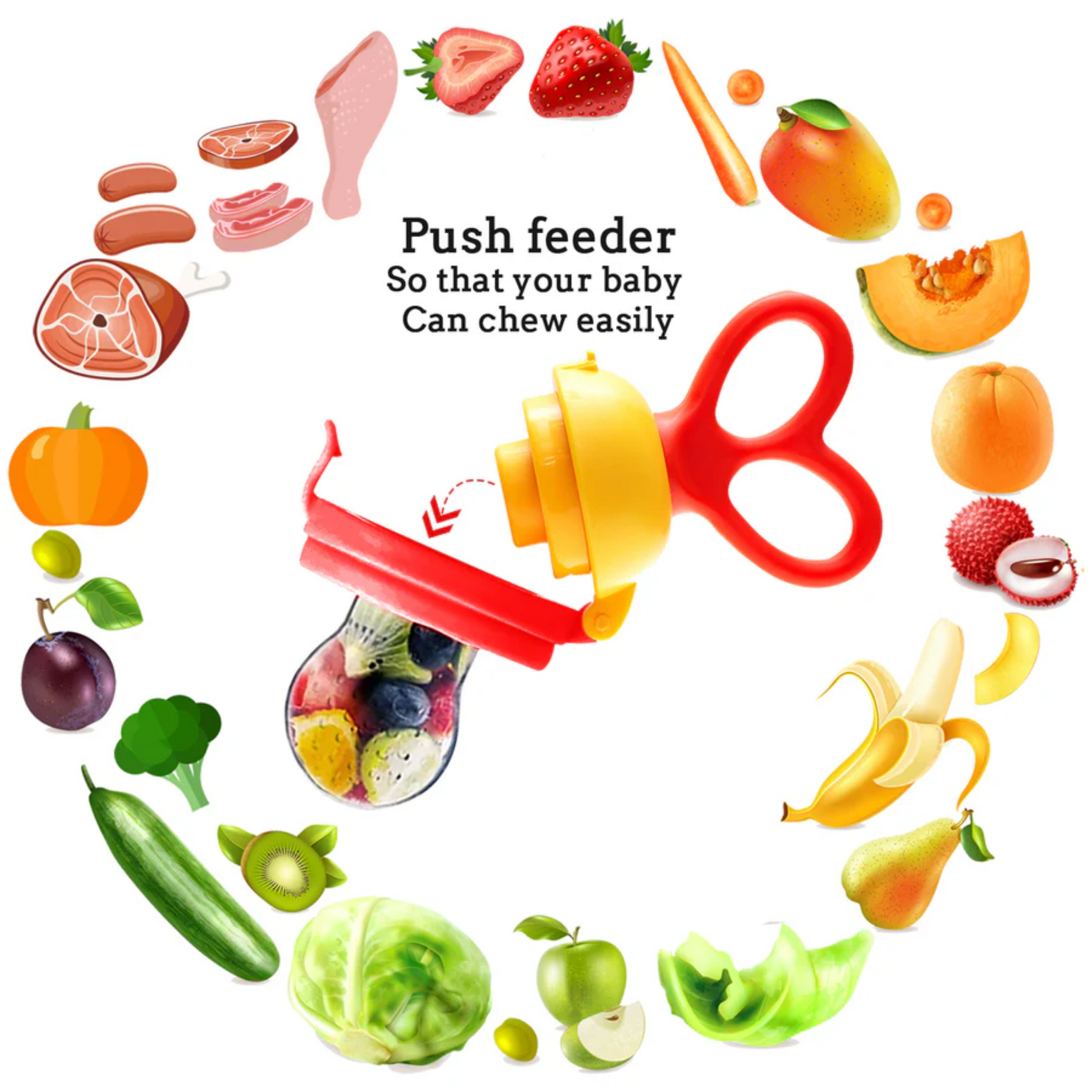 Mee Mee Advanced Fruit & Food Nutritional Feeder With Feed Pusher BPA Free (Orange)