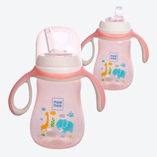 Mee Mee BPA Free, 2 in 1 Convertible Sipper Cup with Soft Spout & Straw, Anti-Leak, Detachable Handle, for Babies/Toddlers/Kids, 300ml, Pink (Silicone)