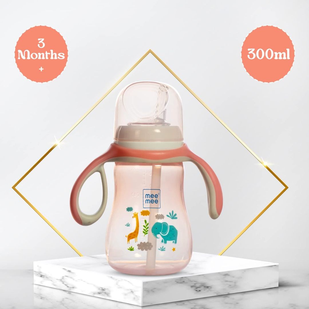 Mee Mee BPA Free, 2 in 1 Convertible Sipper Cup with Soft Spout & Straw, Anti-Leak, Detachable Handle, for Babies/Toddlers/Kids, 300ml, Pink (Silicone)