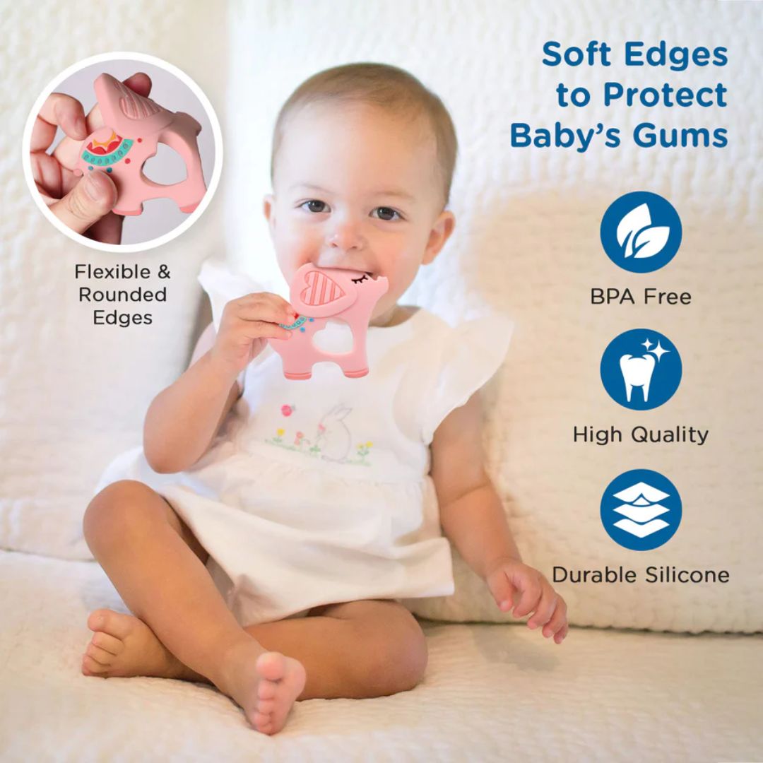 Mee Mee Pink Elephant Teether: Soft and Safe Companion for Your Baby's Sleep and Play Elephant shape (Pink)
