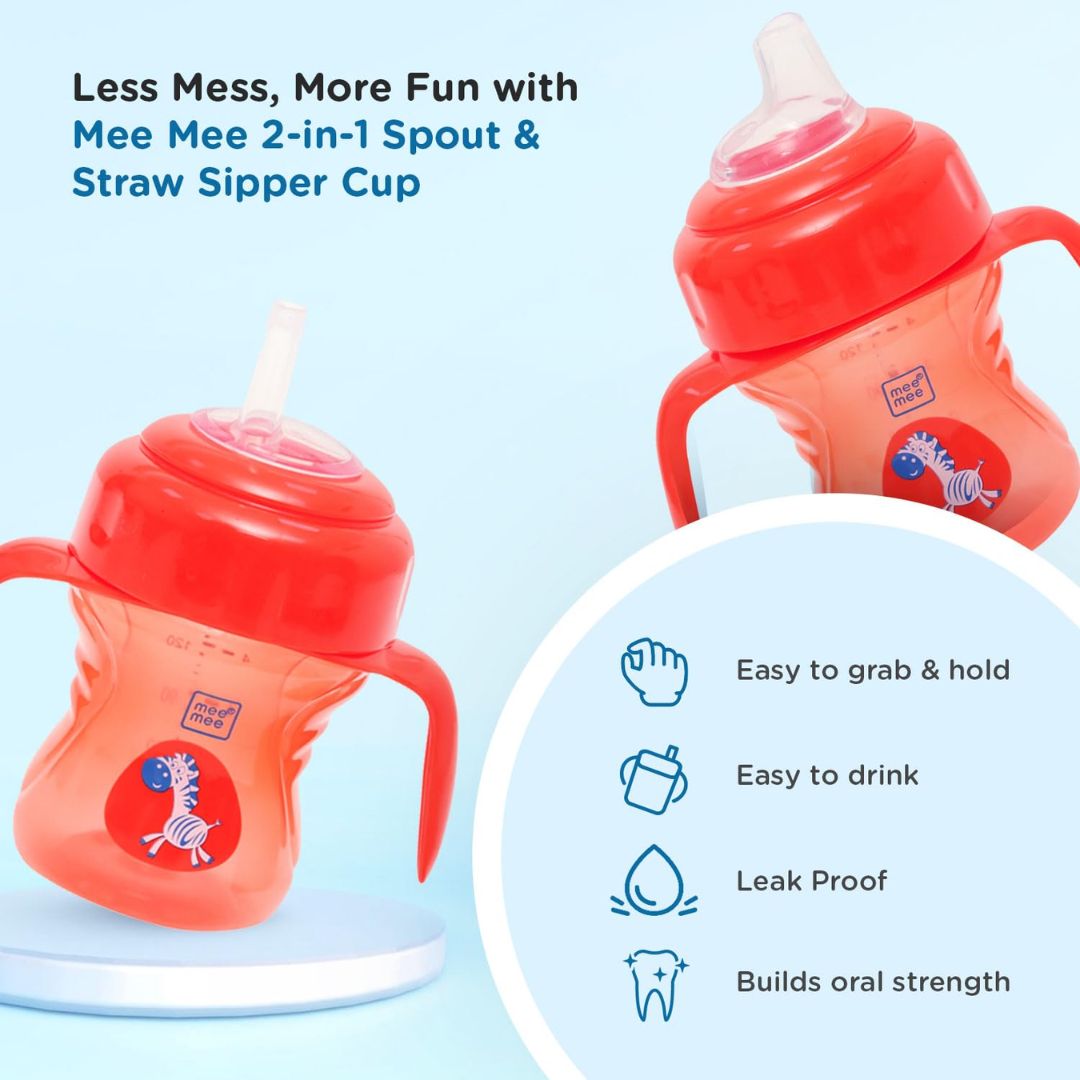 Mee Mee Sipper Cup Soft Spout & Straw for Babies | Leak Proof Design | BPA Free | Builds Oral Strength | Easy to Hold and Drink with Detachable Handle | Sterilizable Cup |(0-24 Months, Red)