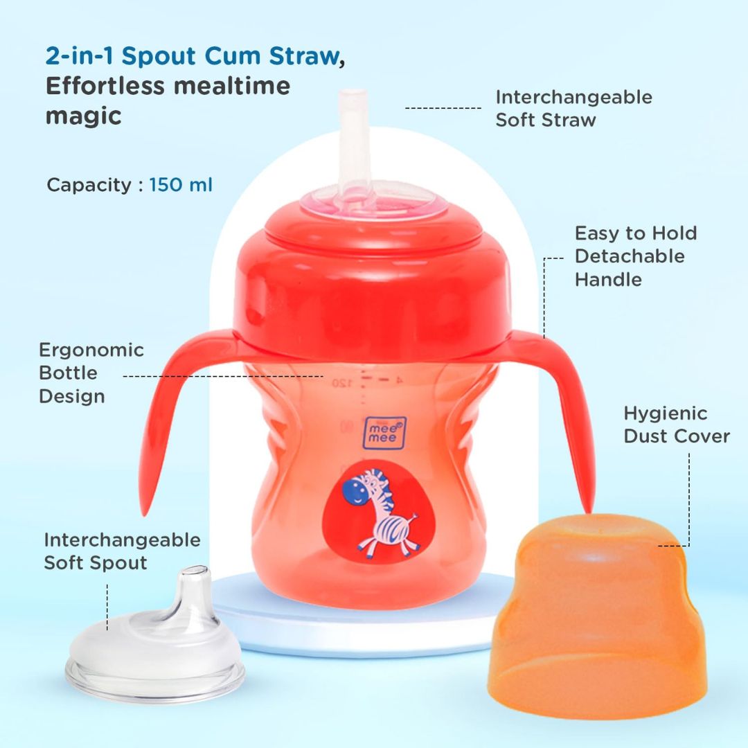 Mee Mee Sipper Cup Soft Spout & Straw for Babies | Leak Proof Design | BPA Free | Builds Oral Strength | Easy to Hold and Drink with Detachable Handle | Sterilizable Cup |(0-24 Months, Red)
