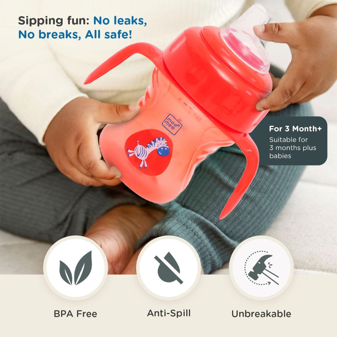Mee Mee Sipper Cup Soft Spout & Straw for Babies | Leak Proof Design | BPA Free | Builds Oral Strength | Easy to Hold and Drink with Detachable Handle | Sterilizable Cup |(0-24 Months, Red)
