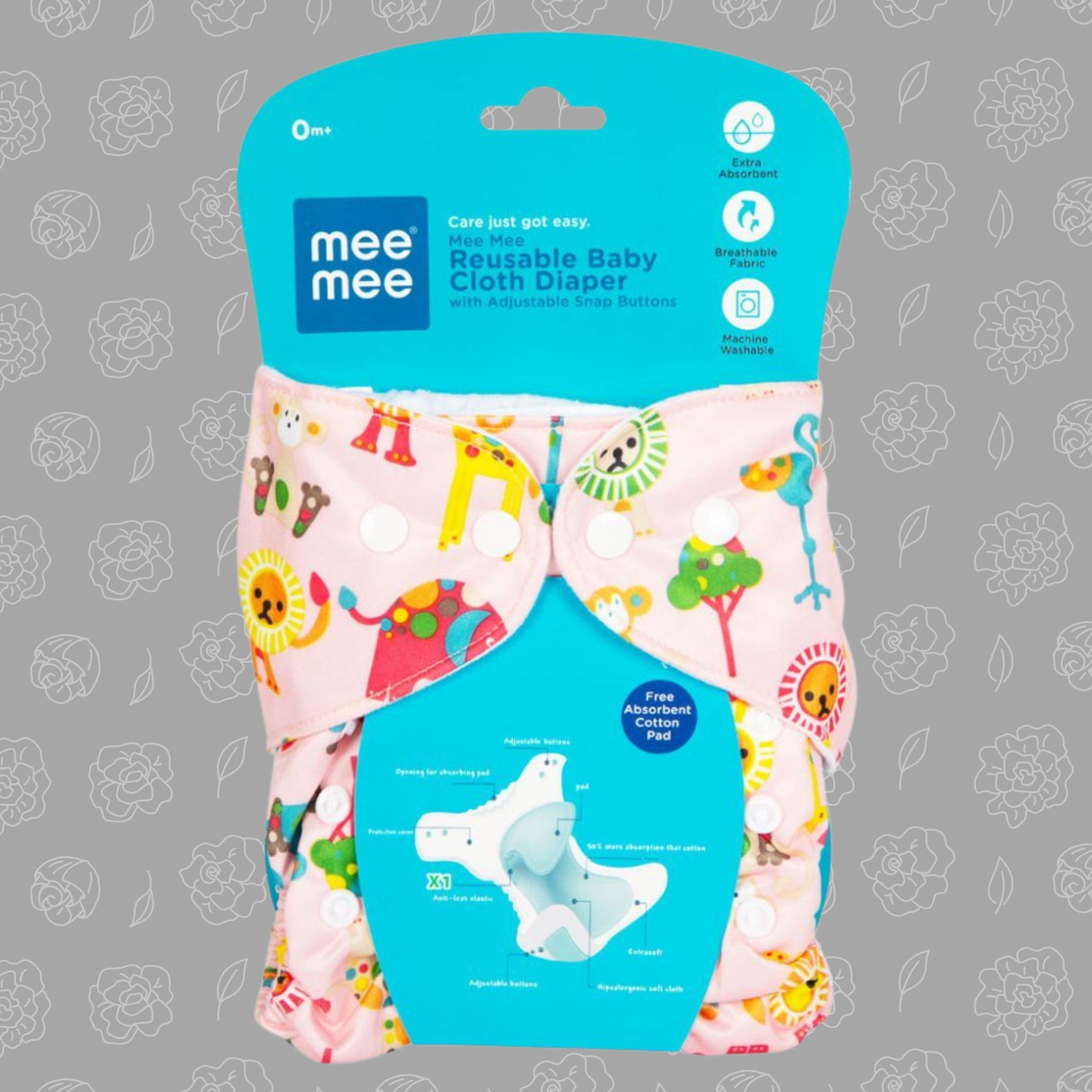 Mee Mee Reusable Baby Cloth Diaper with Adjustable Snap Buttons (Pink)