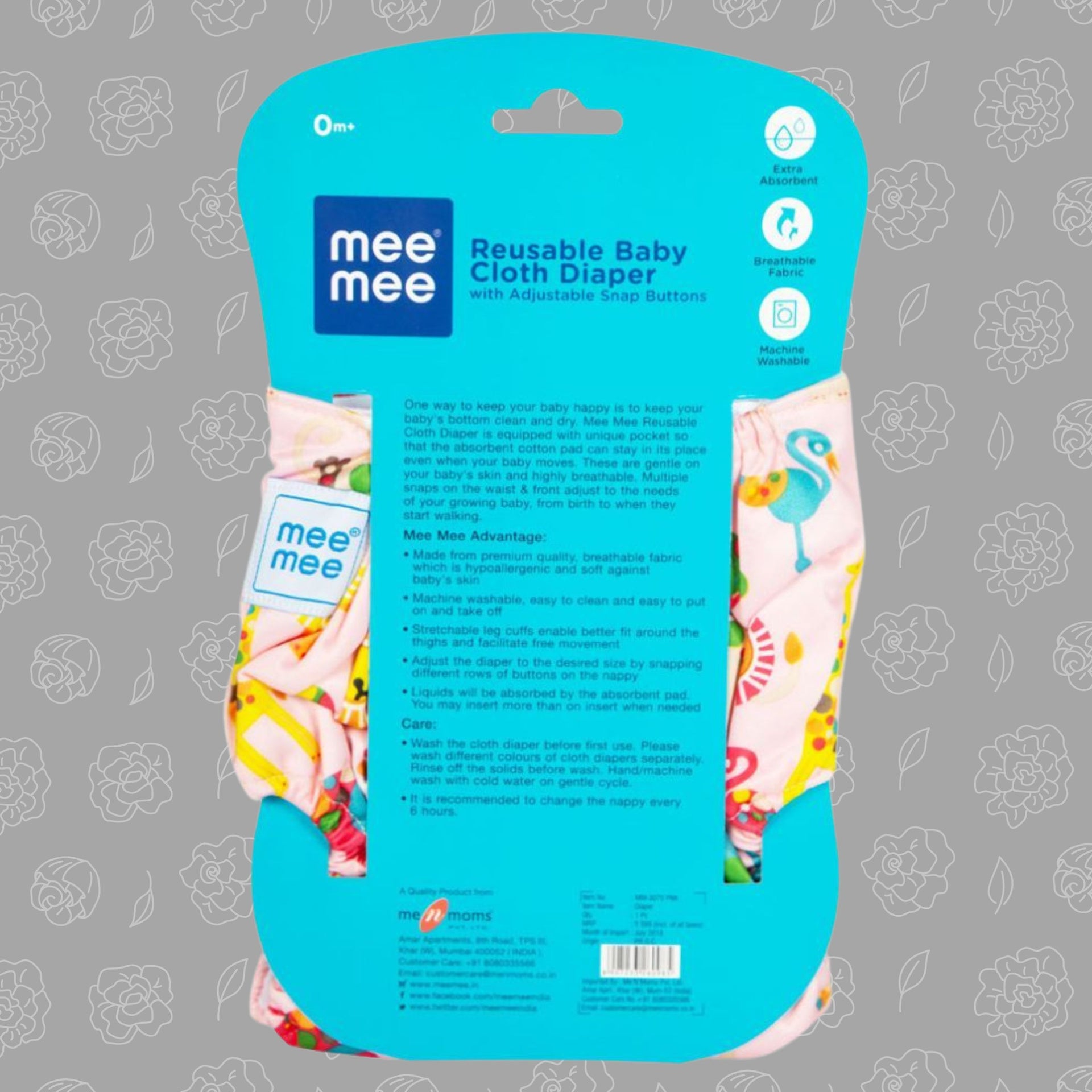 Mee Mee Reusable Baby Cloth Diaper with Adjustable Snap Buttons (Pink)