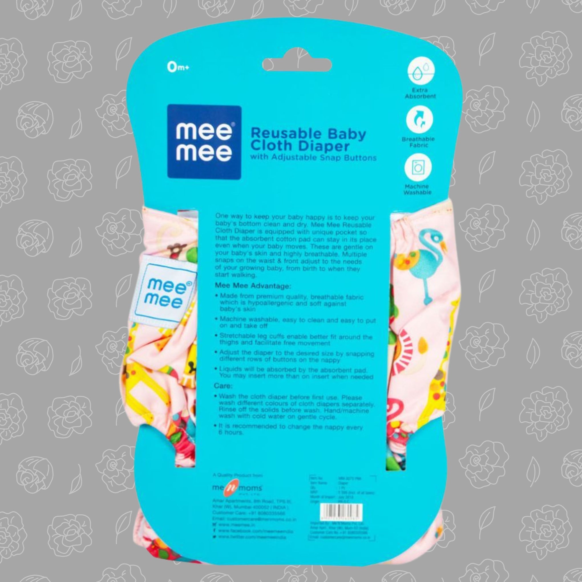 Mee Mee Reusable Baby Cloth Diaper with Adjustable Snap Buttons (Pink)