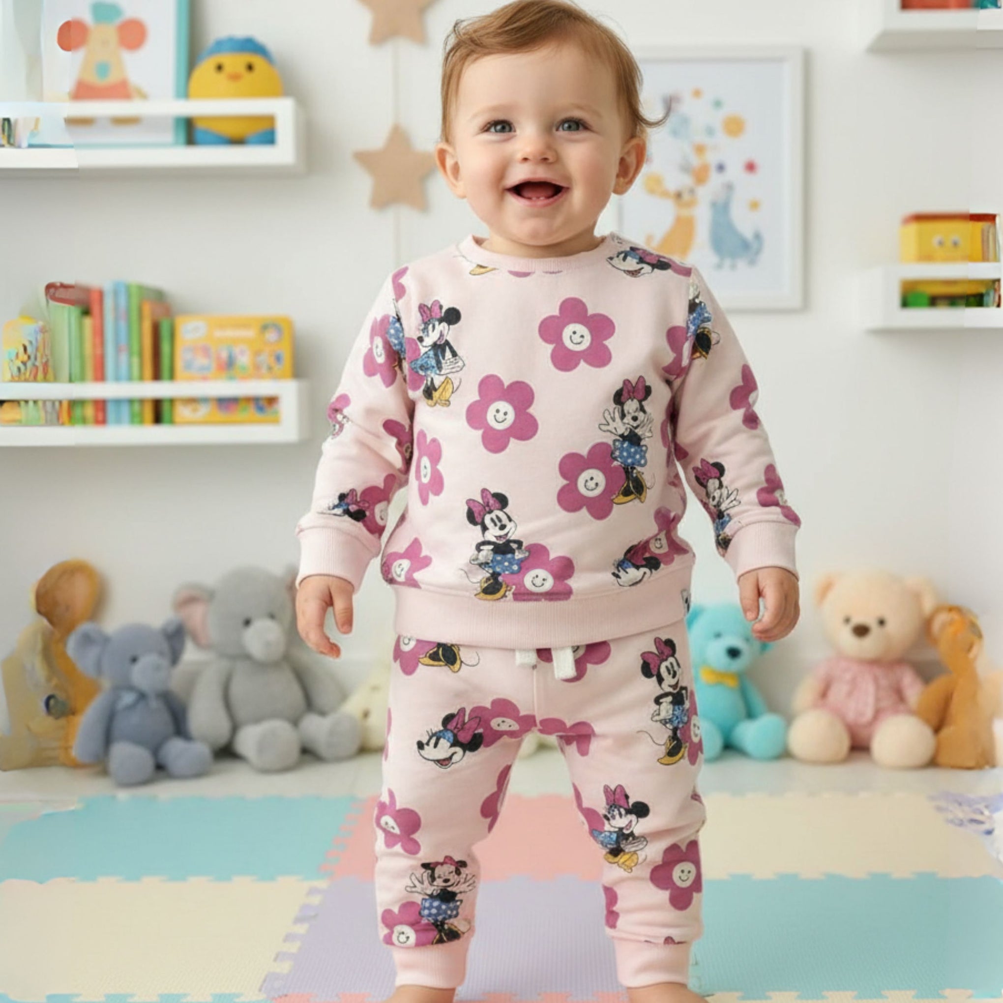 OLLYPOP Girls Minnie Mouse Printed Set – Blue & Pink | 9 Months – 3 Years