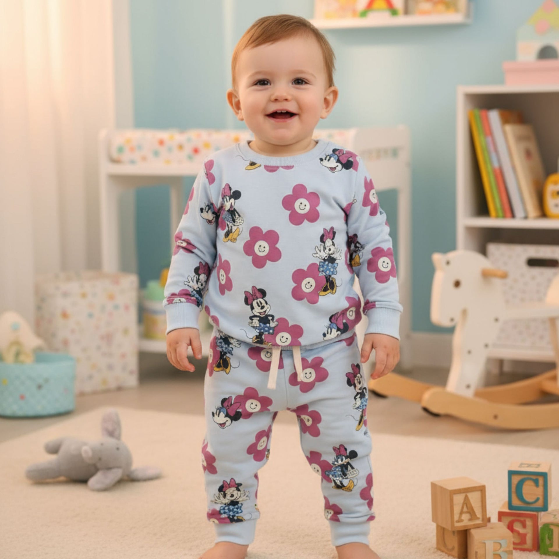 OLLYPOP Girls Minnie Mouse Printed Set – Blue & Pink | 9 Months – 3 Years