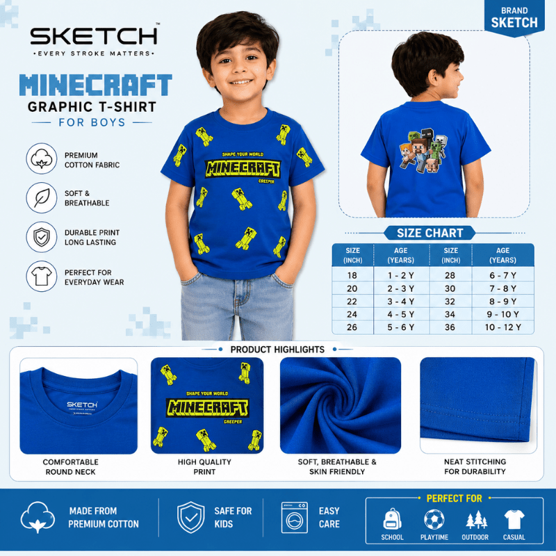 Minecraft Graphic T-Shirt for Boys - SKETCH - SMILE BABY