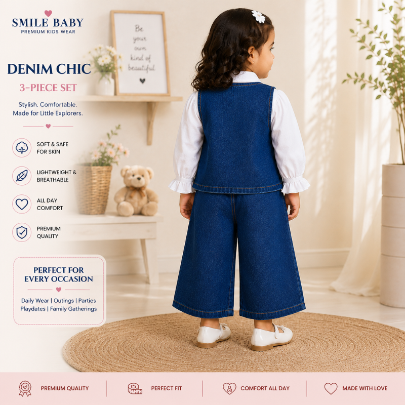 Smile Baby Girls 3-Piece Denim Outfit Set with Full Sleeve Shirt | Light & Dark Denim | Size 14-22 (3 Months-4 Years) 