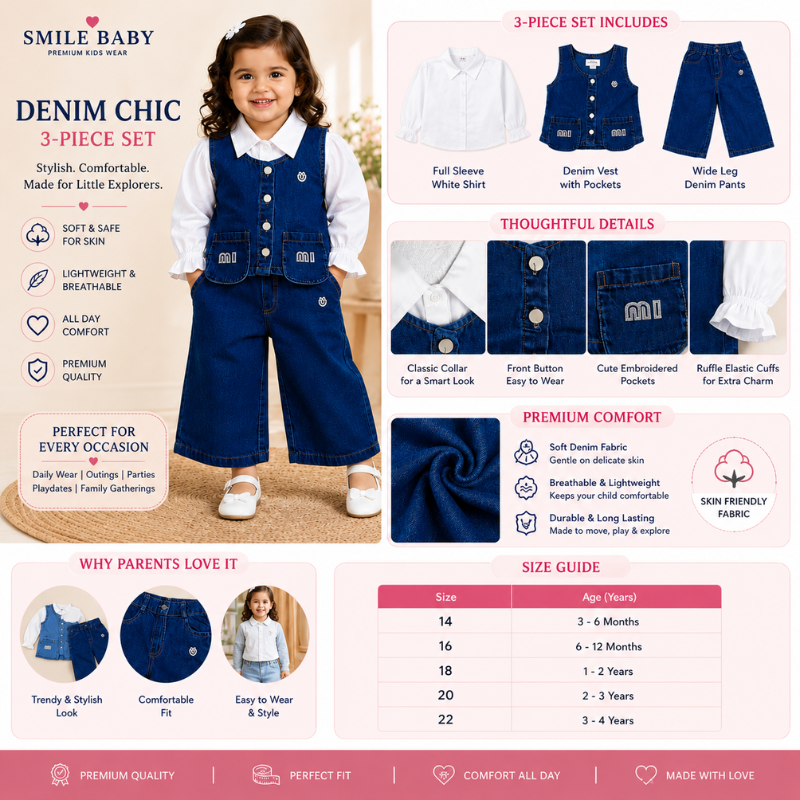 Smile Baby Girls 3-Piece Denim Outfit Set with Full Sleeve Shirt | Light & Dark Denim | Size 14-22 (3 Months-4 Years) 