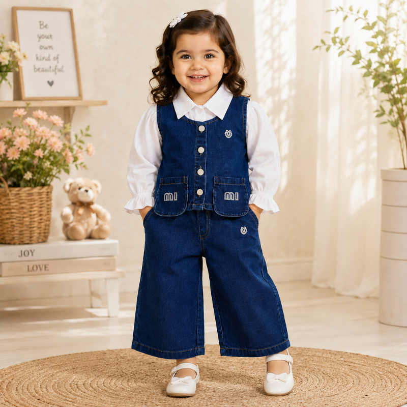 Smile Baby Girls 3-Piece Denim Outfit Set with Full Sleeve Shirt | Light & Dark Denim | Size 14-22 (3 Months-4 Years) 