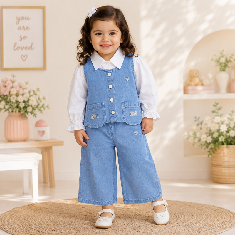 Smile Baby Girls 3-Piece Denim Outfit Set with Full Sleeve Shirt | Light & Dark Denim | Size 14-22 (3 Months-4 Years) 