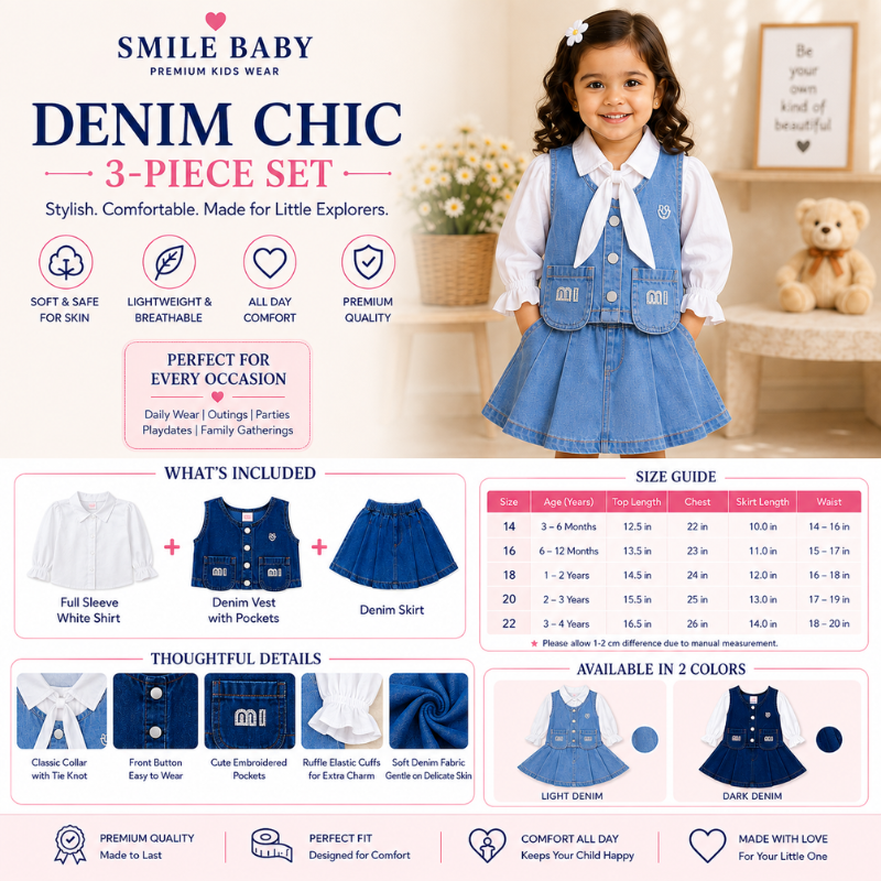 Smile Baby Girls 3-Piece Denim Skirt Set with Full Sleeve Bow Shirt | Light & Dark Denim | Sizes 14–22 (3 Months–4 Years) 