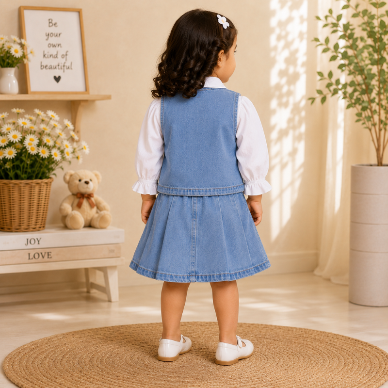 Smile Baby Girls 3-Piece Denim Skirt Set with Full Sleeve Bow Shirt | Light & Dark Denim | Sizes 14–22 (3 Months–4 Years) 