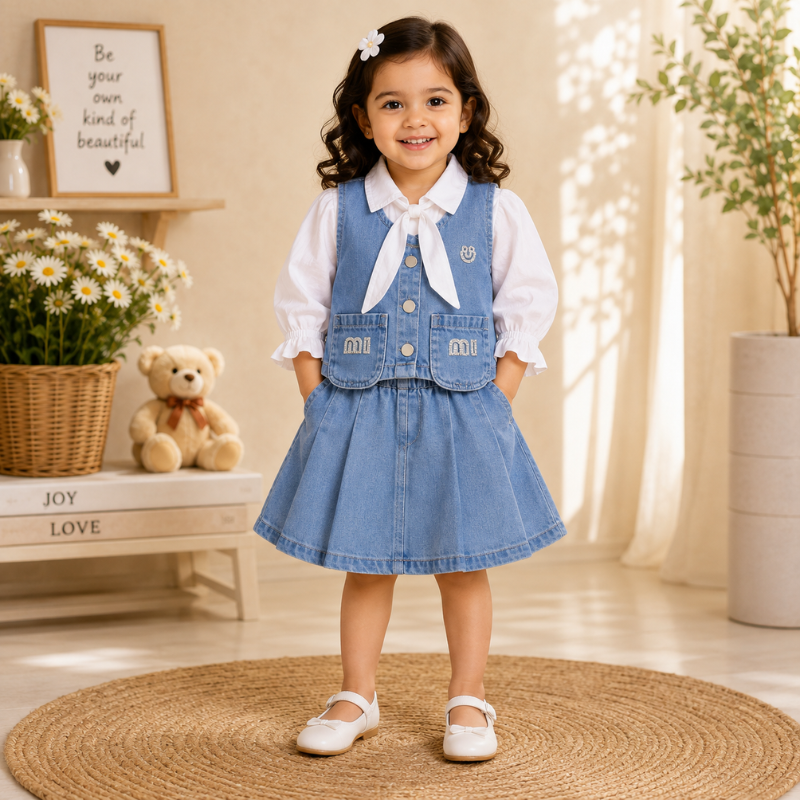 Smile Baby Girls 3-Piece Denim Skirt Set with Full Sleeve Bow Shirt | Light & Dark Denim | Sizes 14–22 (3 Months–4 Years) 