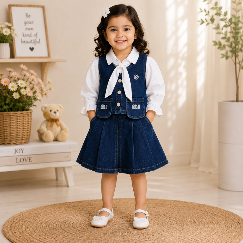 Smile Baby Girls 3-Piece Denim Skirt Set with Full Sleeve Bow Shirt | Light & Dark Denim | Sizes 14–22 (3 Months–4 Years) 