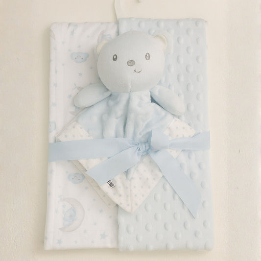 SUNNOZY 2-Piece Baby Blanket Set | Soft Minky Dot Fabric & Printed Blanket with Teddy Bear Lovey | Cozy, Gentle, Machine Washable – 75x100 cm